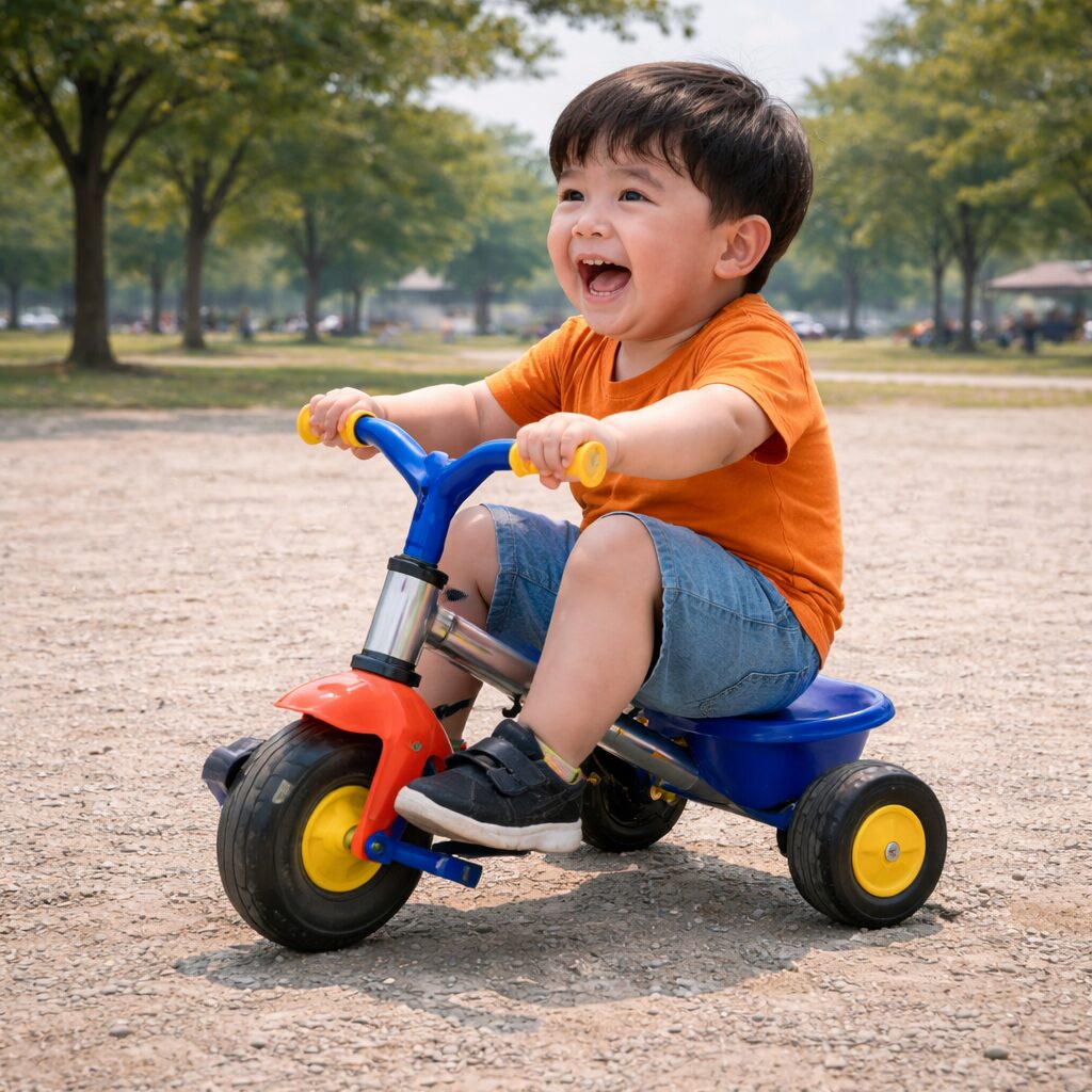 体の大きい2歳の男の子が小さな三輪車に乗り、窮屈そうに足を曲げながらも楽しそうに笑顔で漕いでいる公園の様子