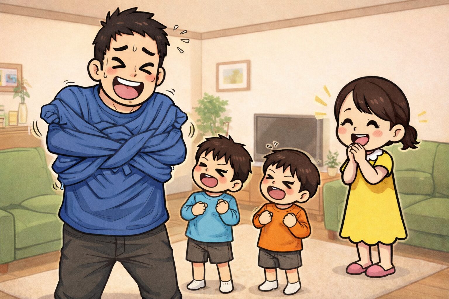 リビングで長袖の袖が絡まって腕が出せずにバタバタするお父さんを見て、水色とオレンジの服を着た2人の男の子とピンクのスリッパを履いたチーちゃんが笑っている家族のイラスト