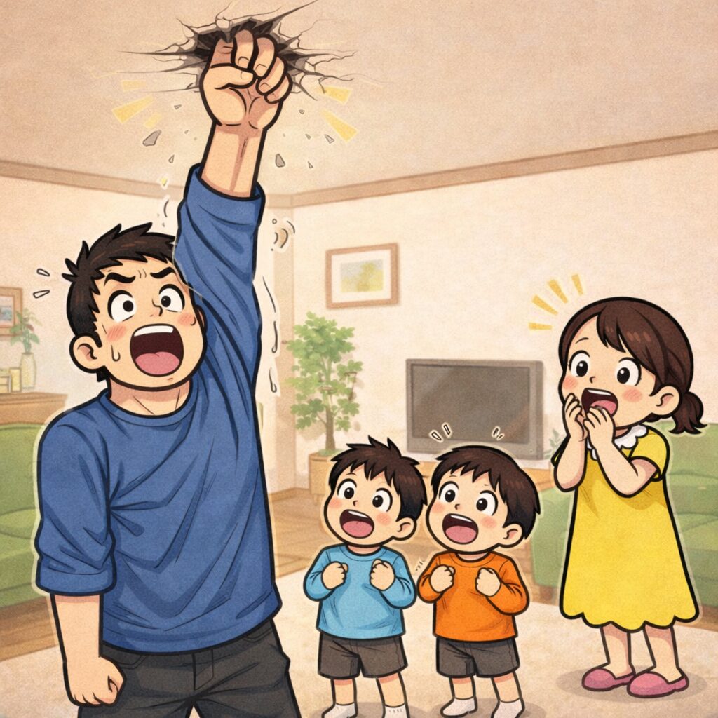 リビングで長袖の袖が絡まったお父さんが勢いよく手を出した瞬間、手刀が天井に突き刺さり、奥さんと2人の子供が驚いて見上げている家族のイラスト