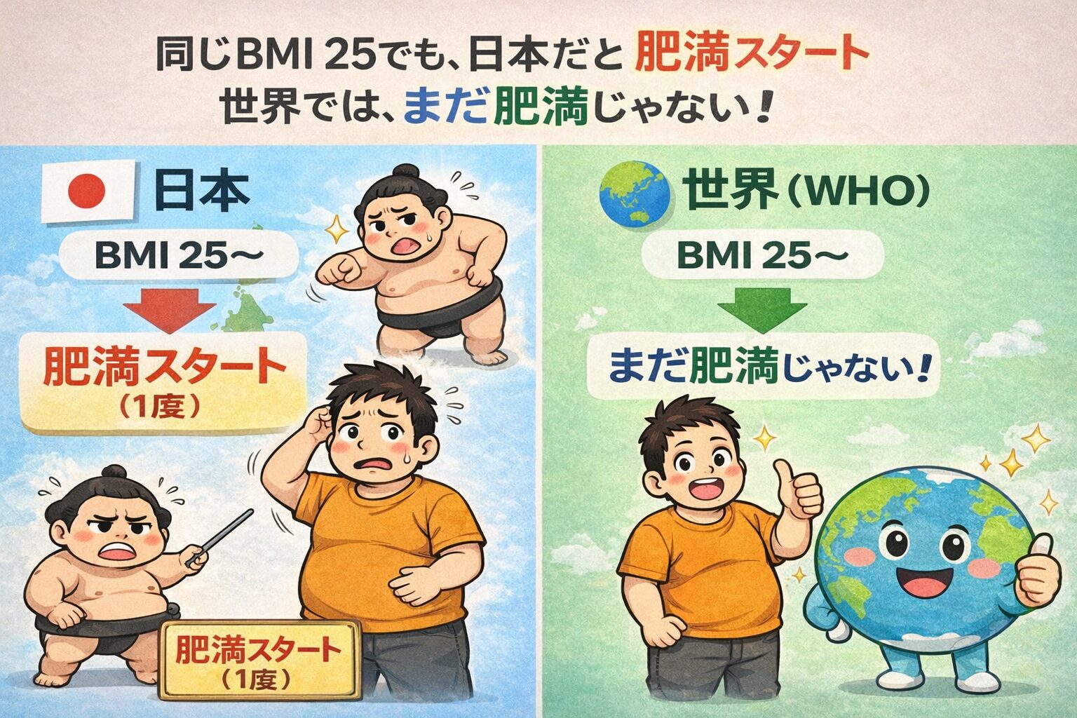 日本と世界（WHO）のBMI基準の違いを比較したイラストで、BMI25から日本では肥満1度とされる一方、世界ではまだ肥満ではないと表現されている図