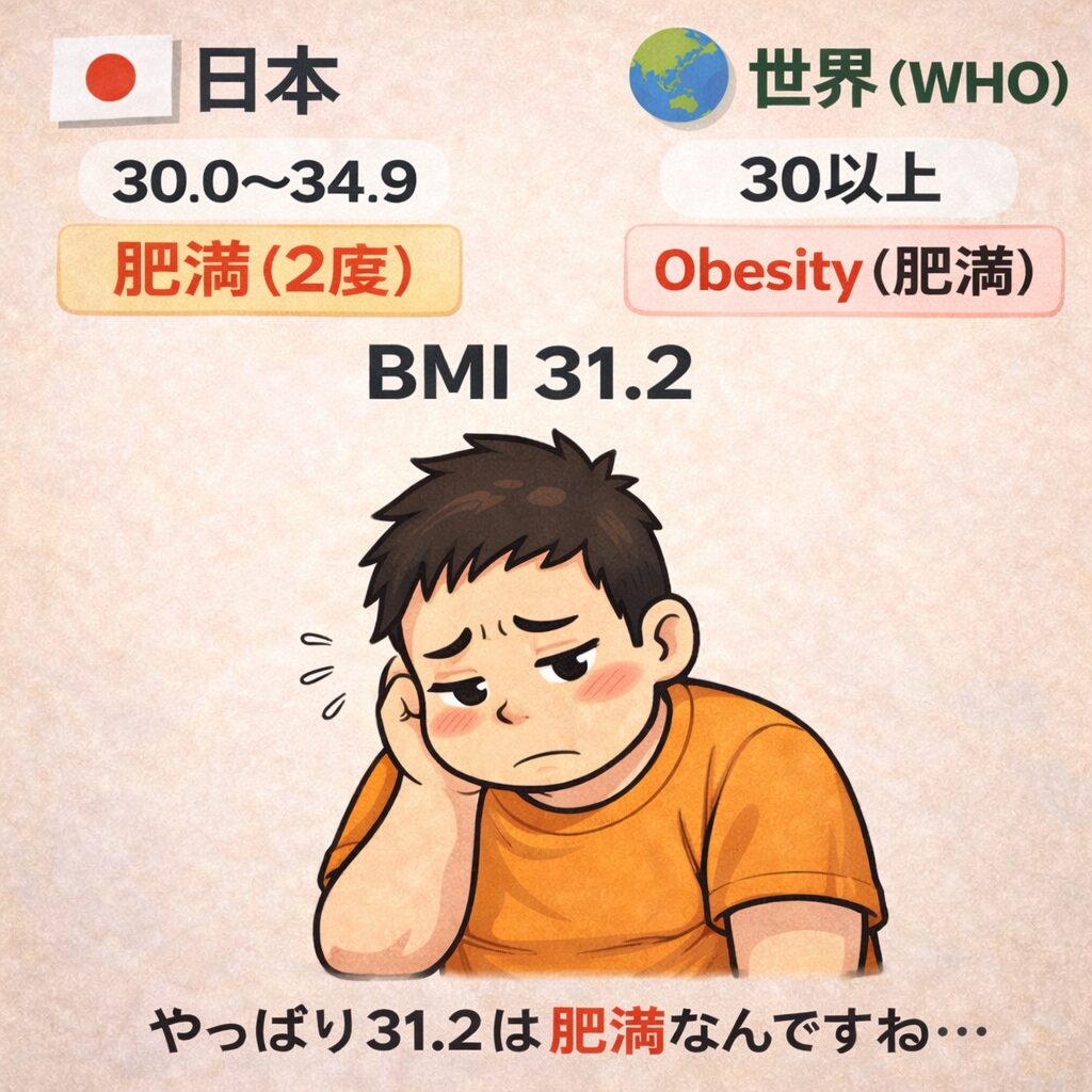 BMI31.2と表示された男性が、日本と世界(WHO)の基準を見てどちらも肥満に該当すると知り、落ち込んだ表情で肩を落としているイラスト