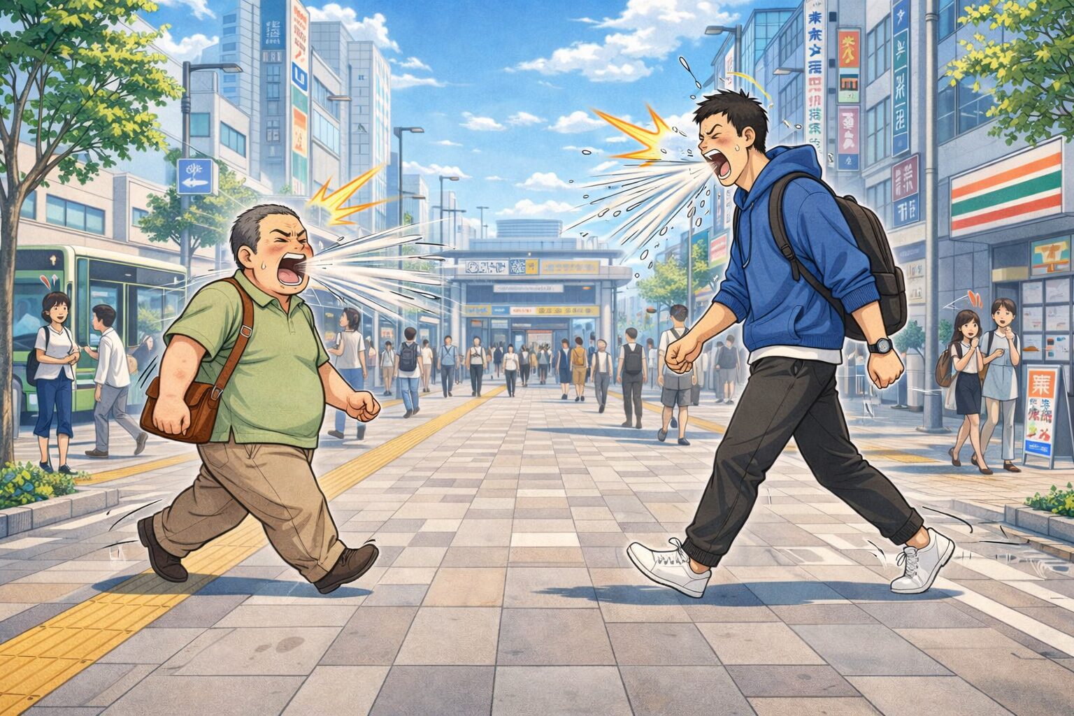 昼間の駅前通りで、身長差のある若者と体格の大きなおじさんがすれ違いざまに同時に大きなくしゃみをしている様子を描いたイラスト