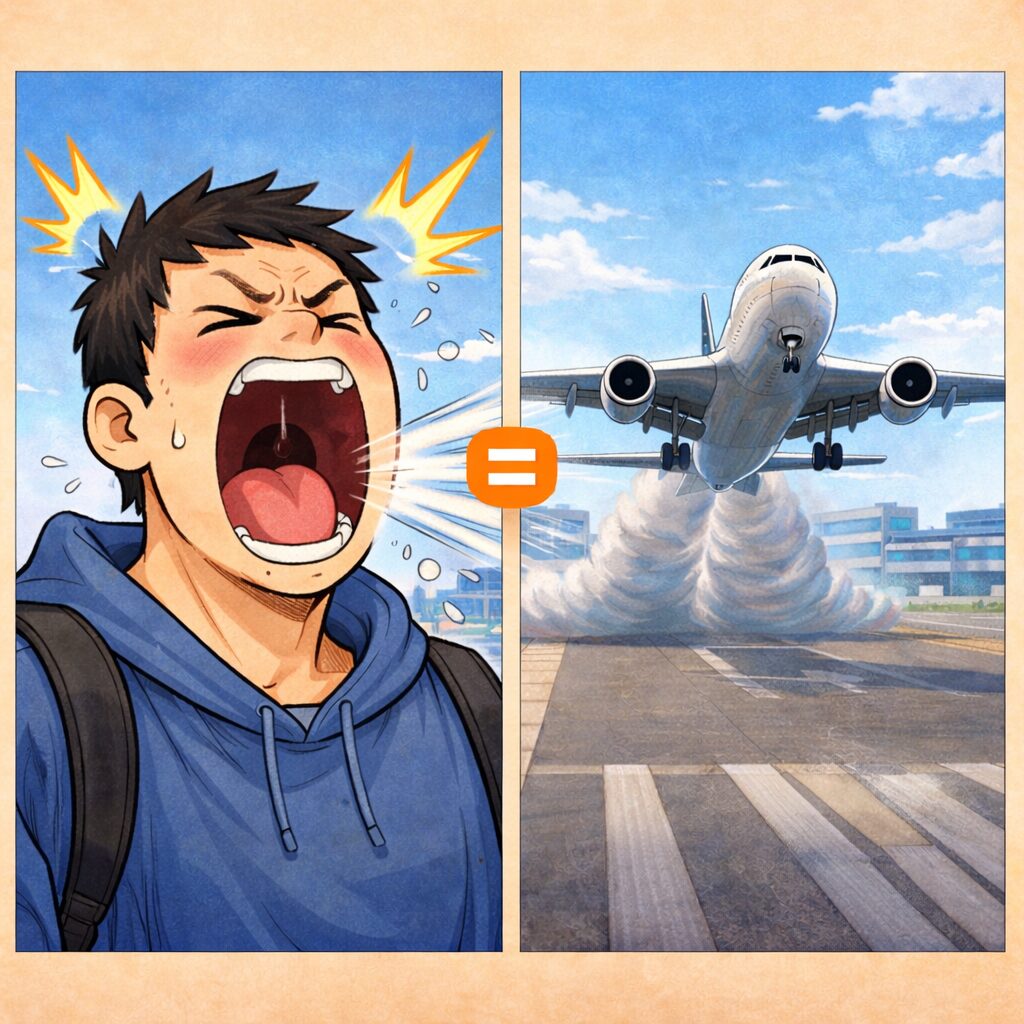 大きなくしゃみをしている若い男性の顔のアップと、離陸するジェット機の様子が左右に並び、同じくらいの勢いと迫力を表現した比較イラスト