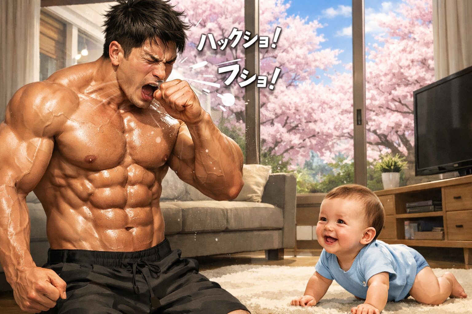 春のリビングでくしゃみを連発することで筋肉が盛り上がった上半身裸のオーバーサイズ俱楽部の男性と、それを見て笑顔になるハイハイ中の赤ちゃん。窓の外には満開の桜が見える。