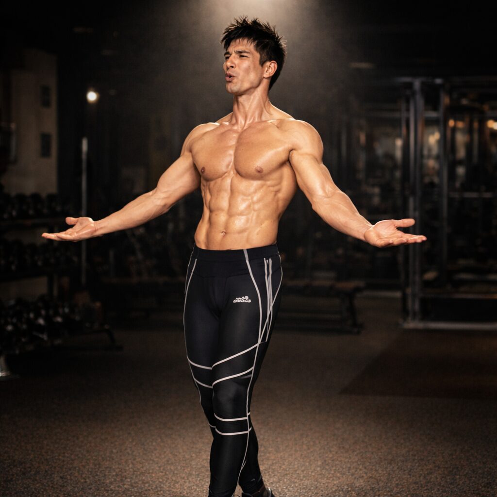 薄暗いトレーニングジムの中でスポットライトを浴びながら、ロングブレスダイエットのポーズをとる31歳の筋肉質なオーバーサイズ俱楽部の男性。胸筋や腹筋が際立ち、集中した表情で呼吸トレーニングを行っている。