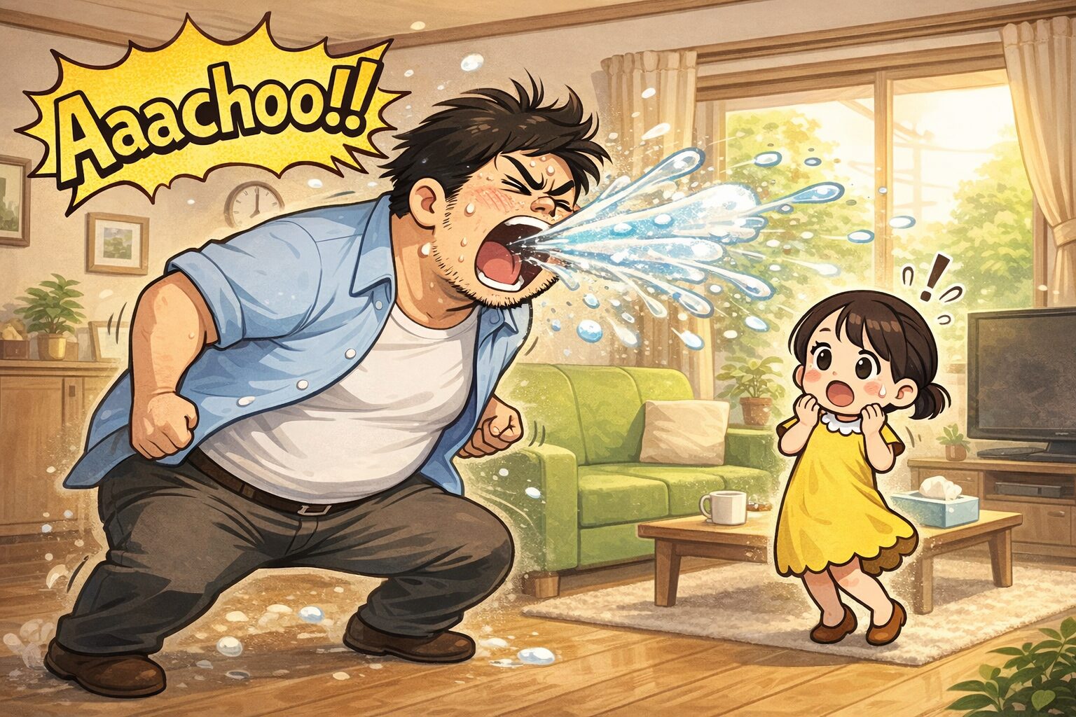 大柄な男性がリビングで勢いよくくしゃみをし、飛び散るしぶきに驚く小柄な女性の様子を描いたコミカルなイラスト