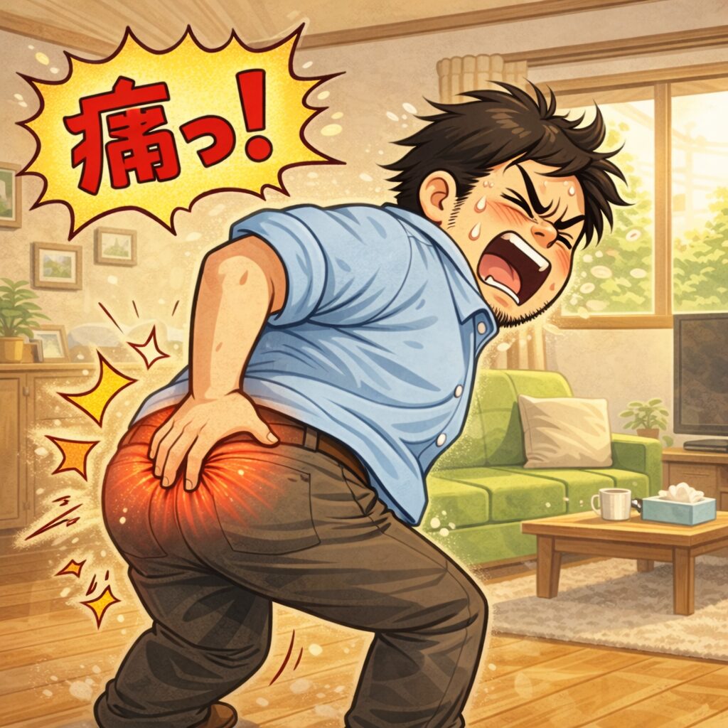 「痛っ！」と叫びながら、片手で後ろに手を回してお尻を押さえる男性のコミカルなイラスト