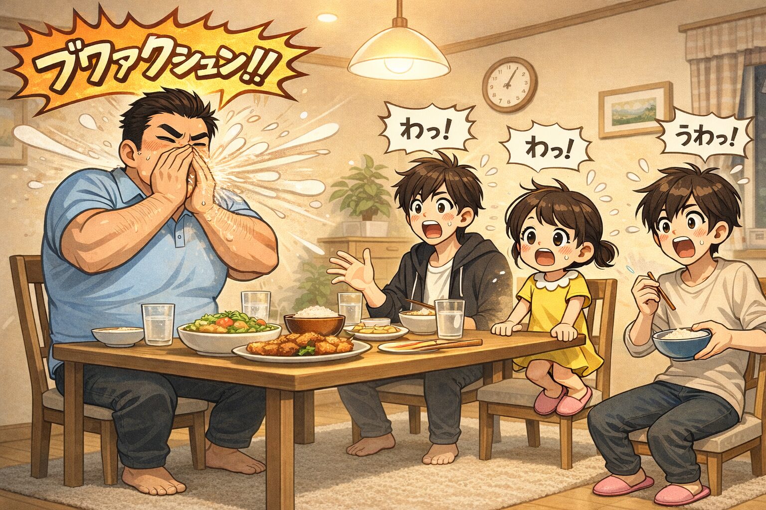 家のダイニングで4人家族が食事中、身長192cmでがっちり体型のお父さんが大きなくしゃみをしている。飛び散る勢いに、椅子に座って足が床に届かない小柄な奥さんチーちゃんと、細身の高校生・中学生の息子2人が驚いて声を上げている、コミカルな家庭風景のイラスト。