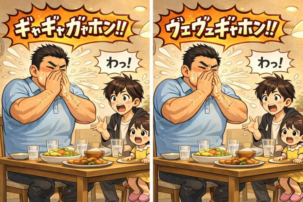 家のダイニングで食事中、身長192cmでがっちり体型のお父さんが大音量の咳とくしゃみをしている様子を、左右2枚並べた間違い探し風イラスト。左は「ギャ・ギャ・ギャホン!!」、右は「ヴぇ・ヴぇ・ギャホン!!」の吹き出しだけが違い、奥さんチーちゃんと息子たちは同じように驚いているコミカルな家族風景。