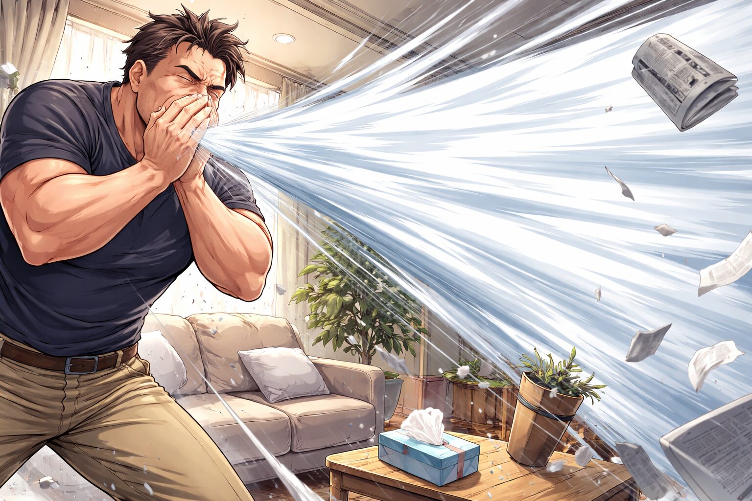 身長192cm・胸囲123cmの大柄なお父さんが強烈なくしゃみをし、突風のような風圧で部屋のティッシュや新聞、植木鉢まで吹き飛ばしている様子