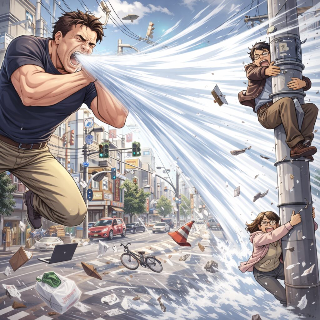 身長192cmの大柄なお父さんが町中で手を当てずに強烈なくしゃみをし、突風で人や自転車、コーンなどが吹き飛ばされ、周囲の人が電柱にしがみつきながら宙に浮いている様子