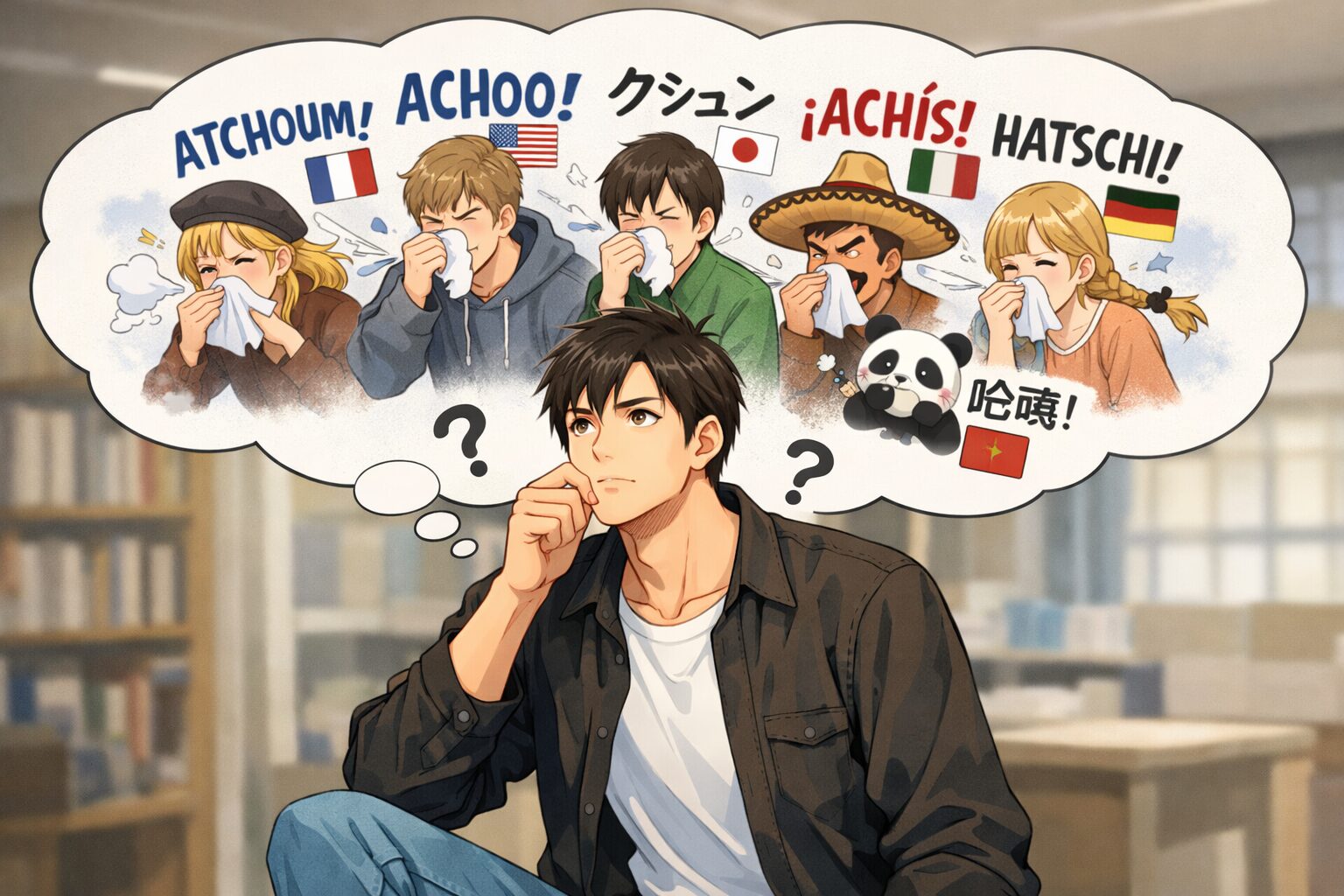 身長192cmの20歳の高身長男性が、世界のくしゃみの違いについて考えている様子。頭の中の吹き出しには、各国の人々が「ACHOO」「ATCHOUM」「¡ACHÍS!」など異なるくしゃみの音を表現しているイラストが描かれている。