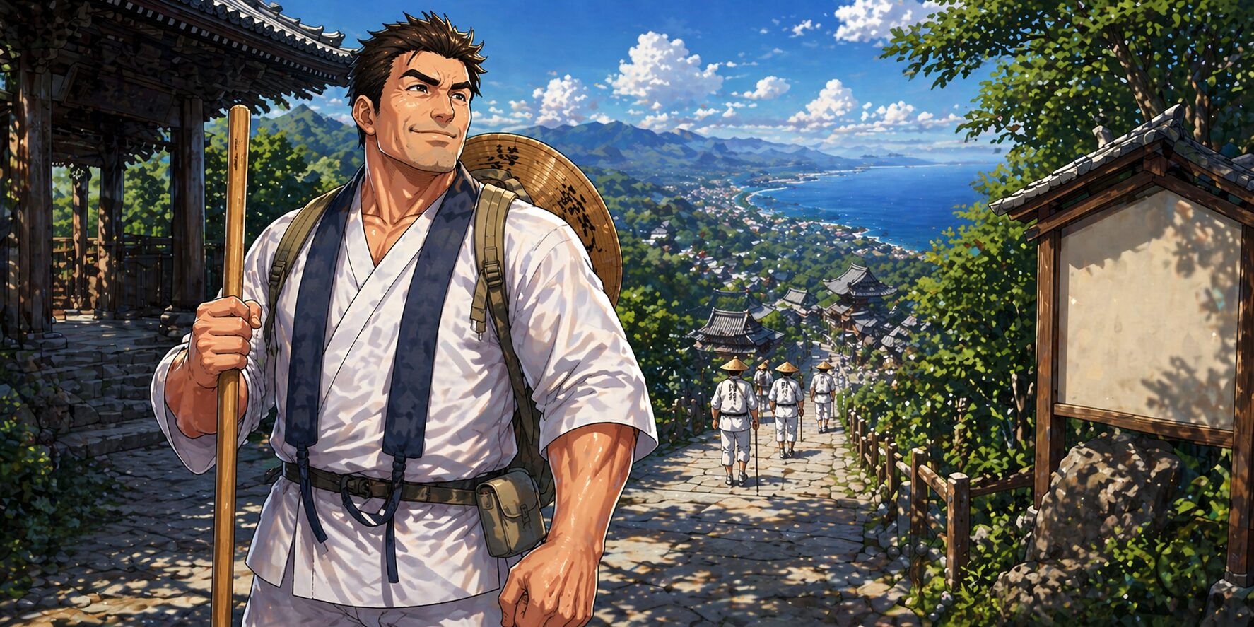 白装束で杖を持った男性が山道のお遍路道を歩き、海と町並みを見下ろす景色の中で巡礼を続けている様子