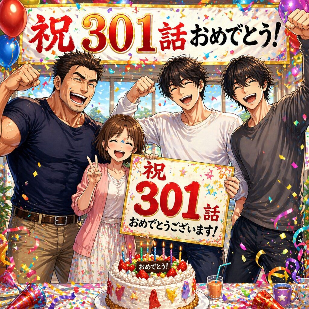 4人家族が「祝301話おめでとう」と書かれたボードを持ち、ケーキや風船、紙吹雪に囲まれて笑顔でお祝いしている様子