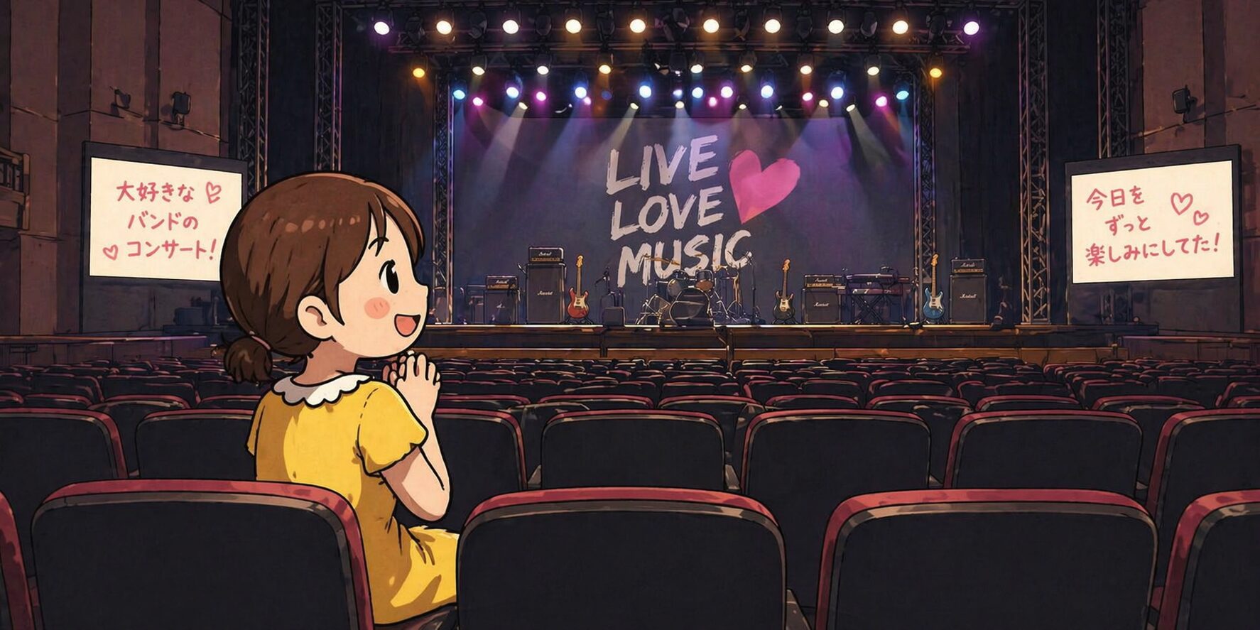 コンサート会場の客席に座った女性が、前の席に誰もいない状態でステージを真正面に見ながら、開演を楽しみにワクワクしている様子