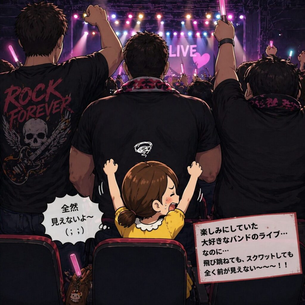 コンサート会場で前の席に大柄な観客が座り、後ろの小柄な女性が飛び跳ねてもステージが見えず困っている様子