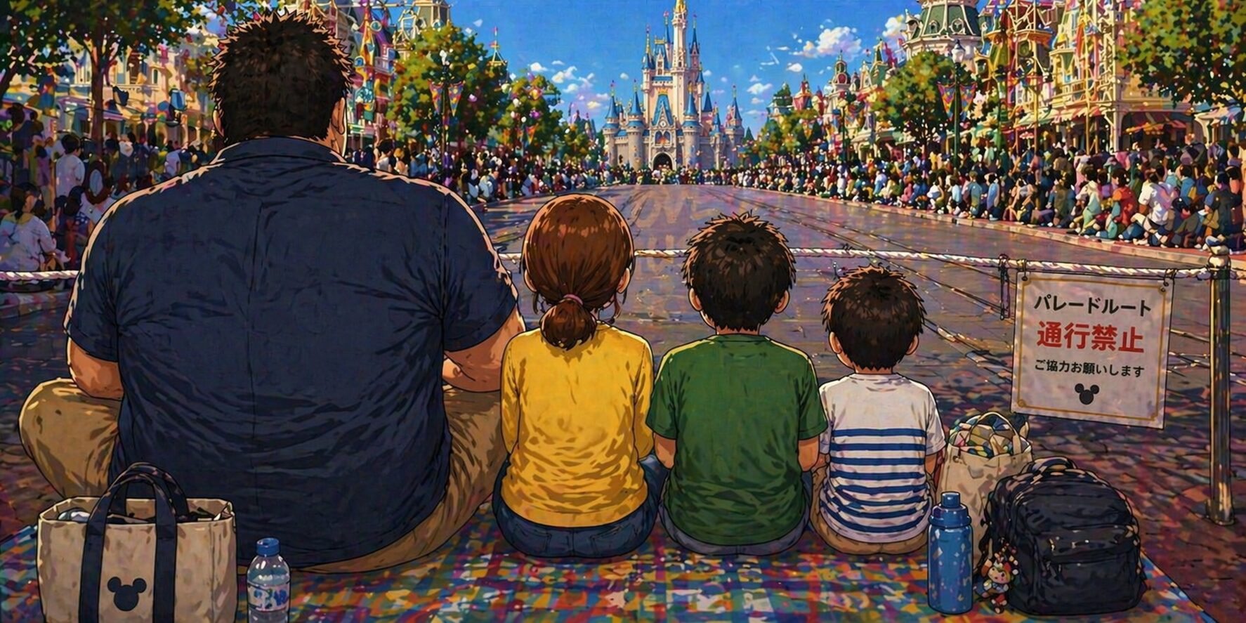 テーマパークのパレードルート前で、シートに座った4人家族を後ろから見た様子で、大柄なお父さんと小柄なお母さん、子ども2人がパレード開始を楽しみに待っている光景