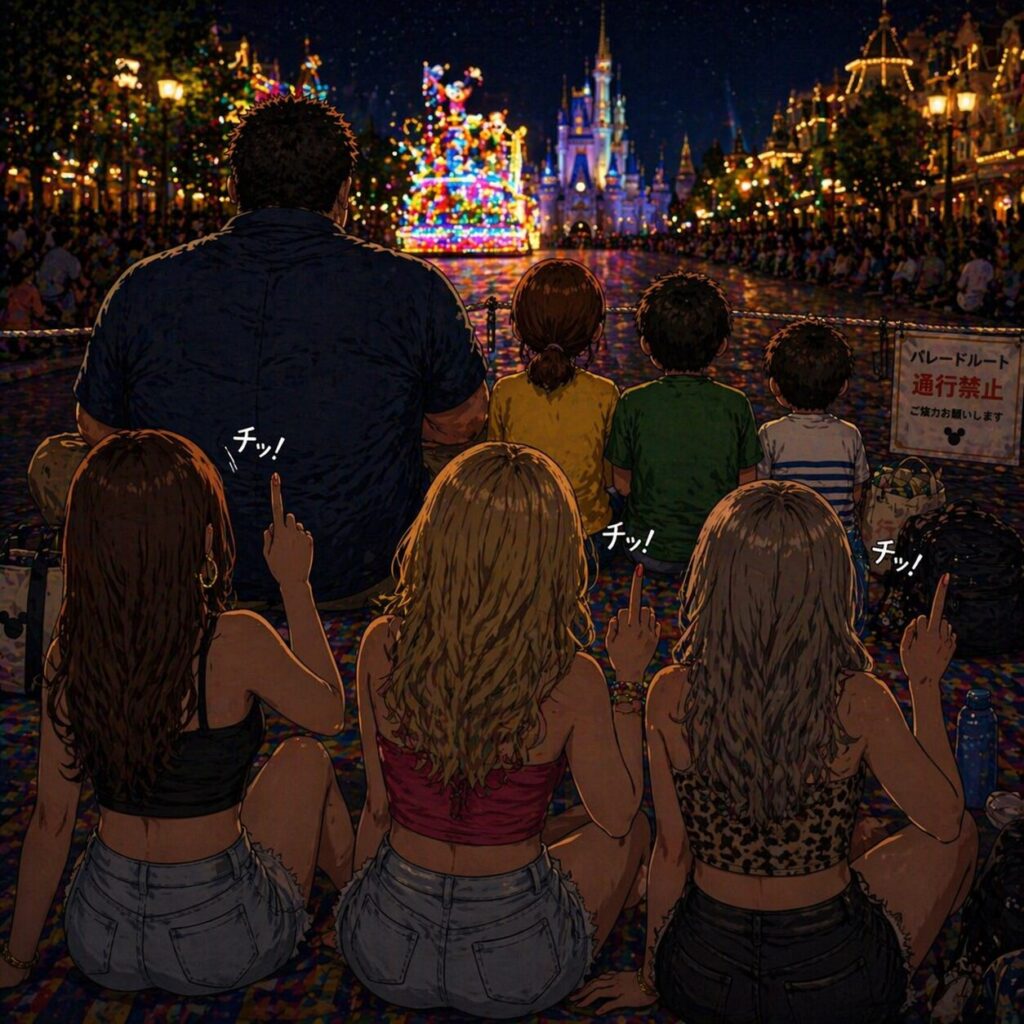 夜のテーマパークでパレードが始まり、前列に座る大柄なお父さんと家族の後ろに座った3人の若い女性たちが、視界を遮られて不満そうに「チッ」とアピールしている様子を後ろから描いたイラスト。ライトアップされたパレードと城が奥に見え、前後の温度差が印象的。