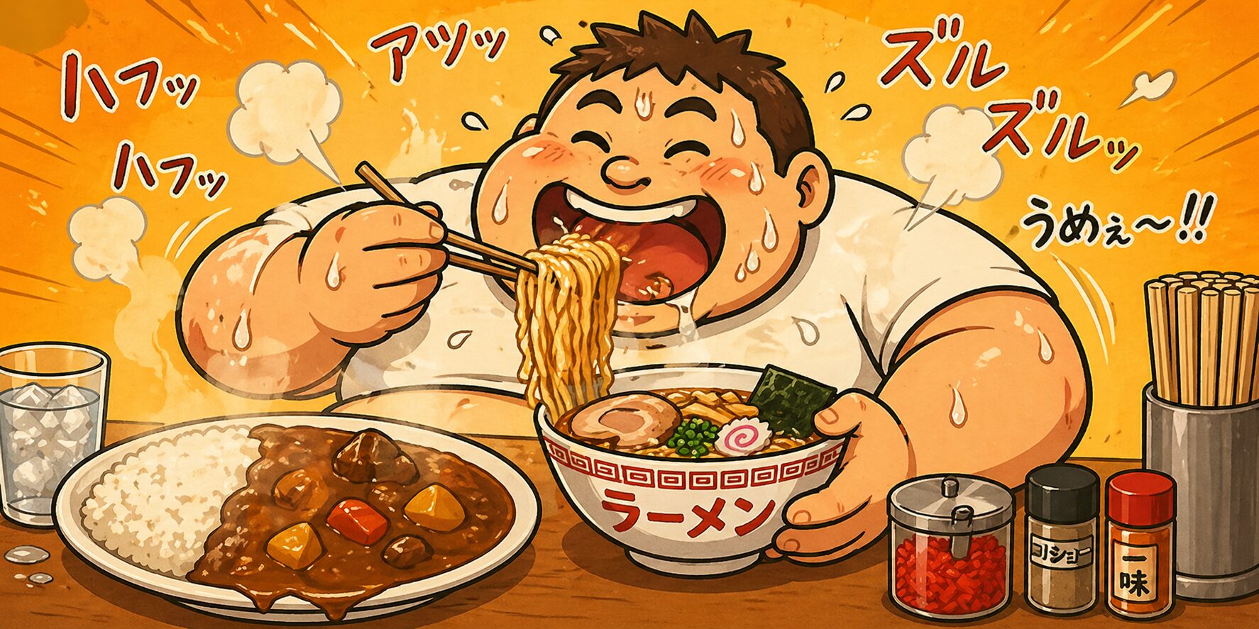 汗だくになりながら男性が熱々のラーメンをすすり、横にあるカレーも勢いよく食べている食事シーン