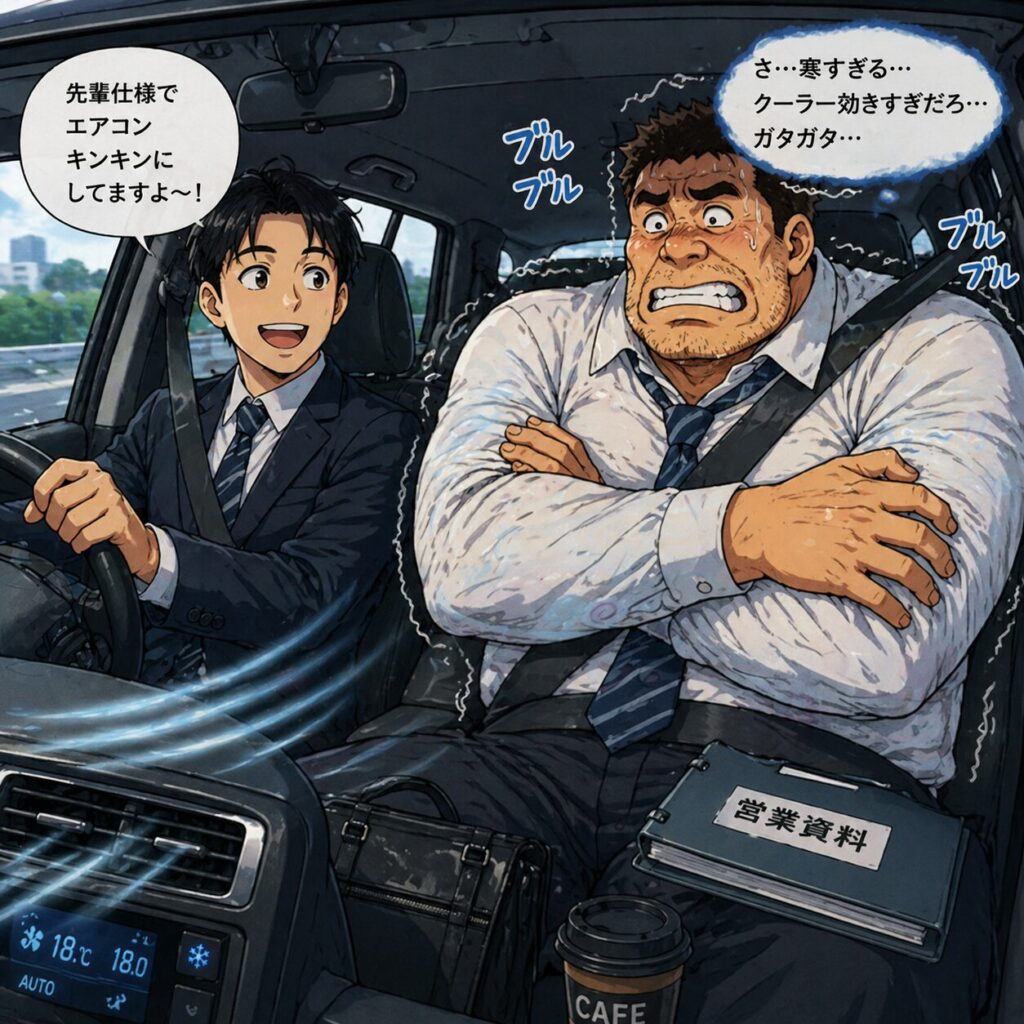 営業で車に同乗中の男性が助手席で寒さに震えている一方、運転している後輩はエアコンを強く効かせて平然としている様子