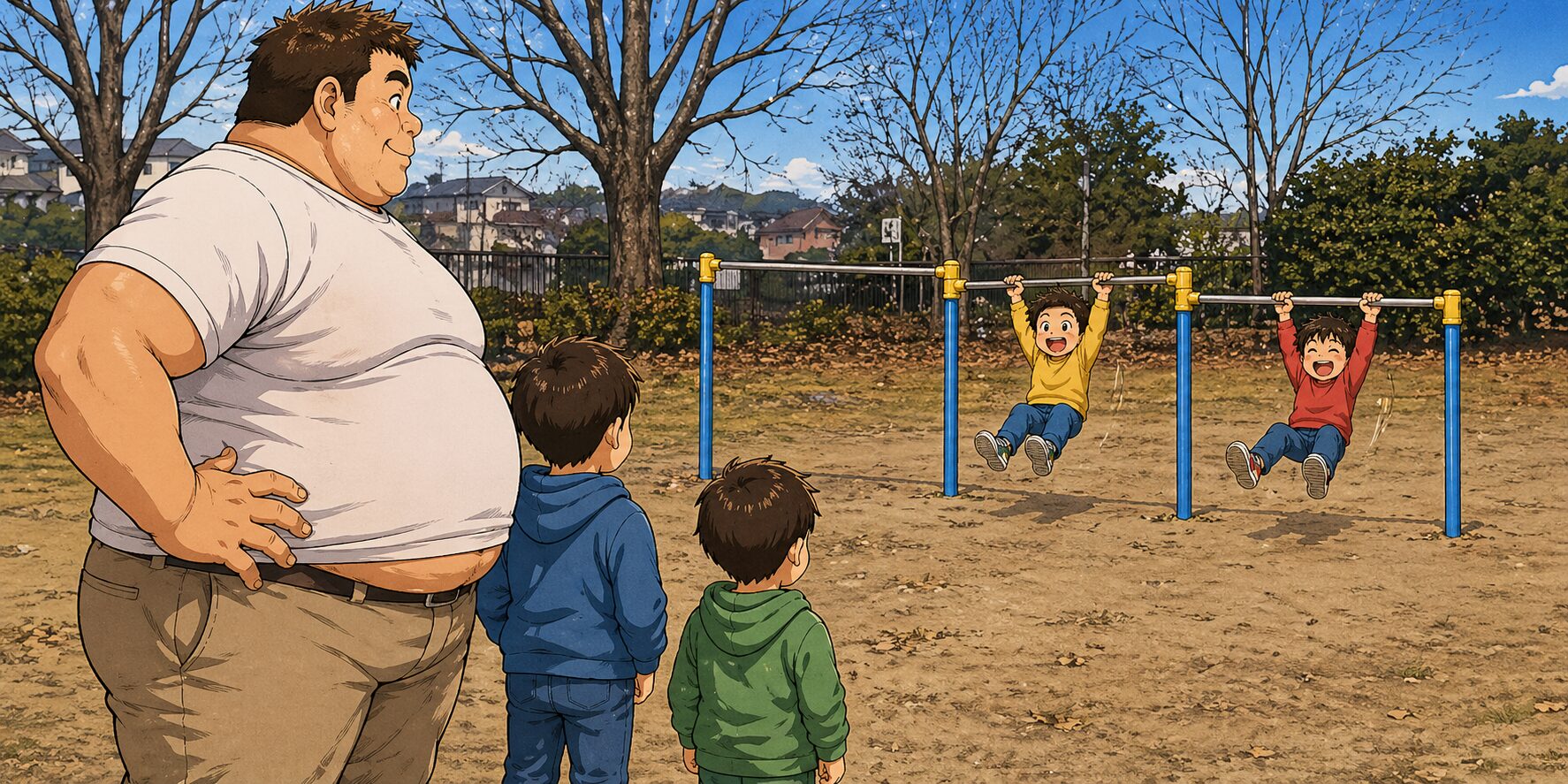 公園の鉄棒で遊ぶ子どもたちを見守る大柄なお父さんと、その横で楽しそうにぶら下がっている2人の男の子の様子