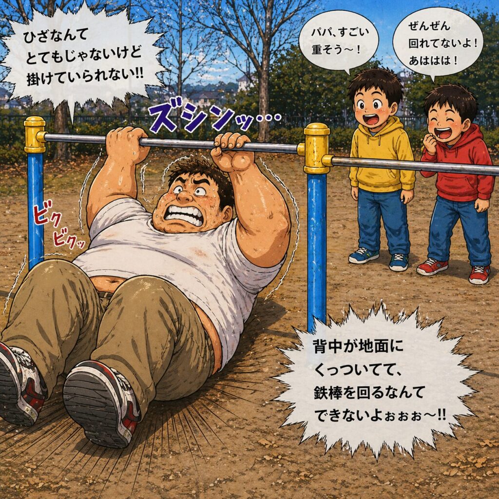 公園の鉄棒で大柄な男性が膝を掛けて回ろうとするが体が重くてできず、背中が地面についてしまい苦戦している様子を子どもたちが見ている
