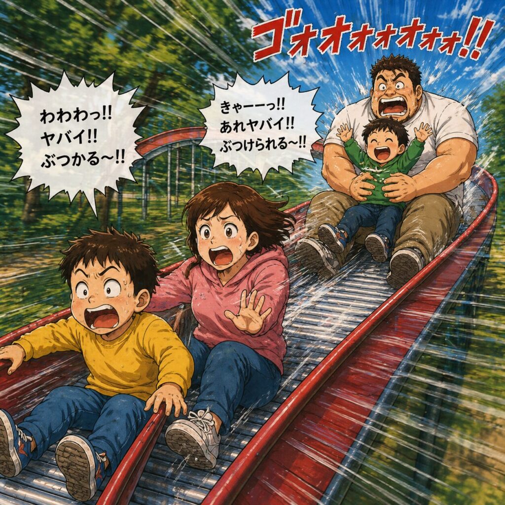 ロングローラー滑り台で先に滑っている母親と兄に、後ろから大柄な父親と弟がものすごいスピードで迫り、前の二人が驚いている様子