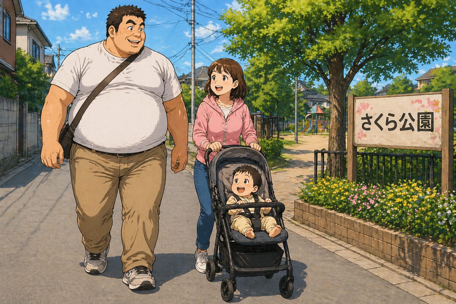 ベビーカーに乗った赤ちゃんを連れて、大柄なお父さんと小柄なお母さんが笑顔で公園へ向かって歩いている家族の様子