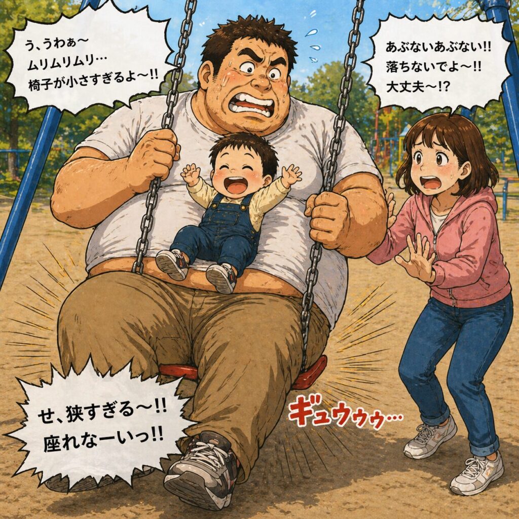 公園のブランコで大柄なお父さんが赤ちゃんを膝に乗せて座ろうとするが椅子が狭くて苦戦し、赤ちゃんは楽しそうに笑い、お母さんは心配そうに見守っている様子