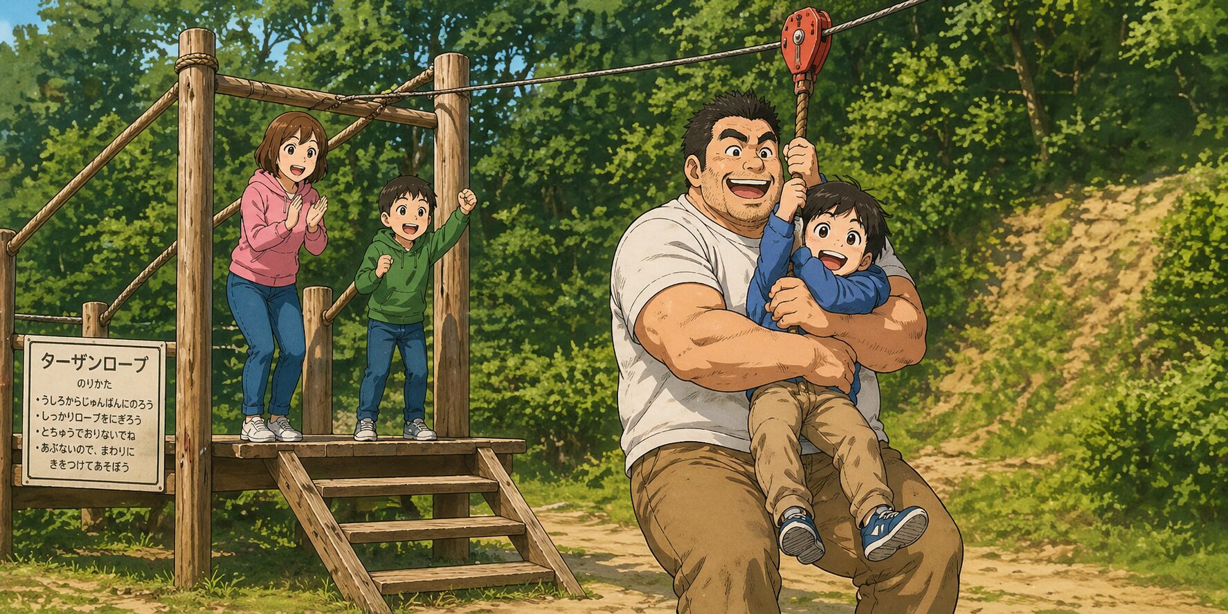 公園のターザンロープで、大柄なお父さんが小さな男の子を抱きかかえてロープにつかまらせ、楽しそうに滑り出そうとしている様子を家族が見守っている