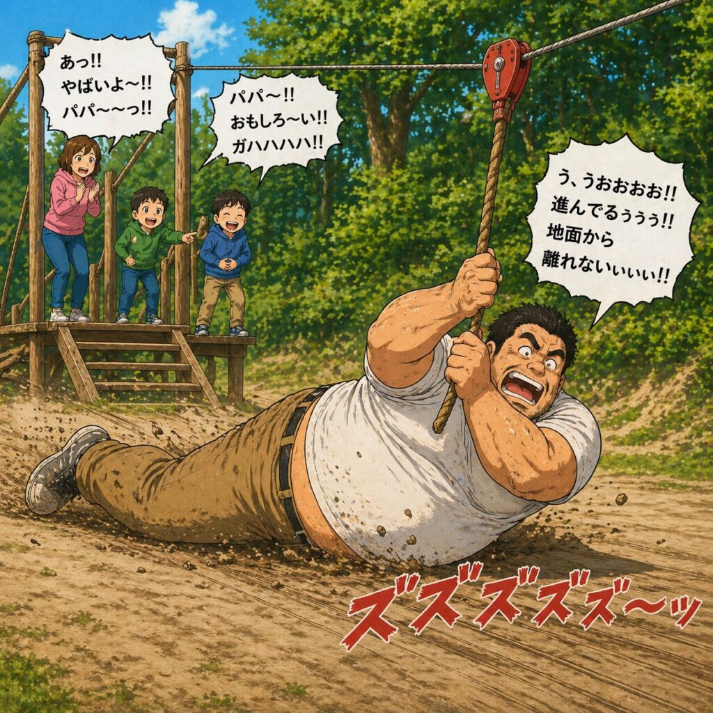 公園のターザンロープで大柄な男性がロープにしがみつくが体が重くて地面から離れられず、そのまま地面に体を引きずりながら進んでいる様子を家族が見ている