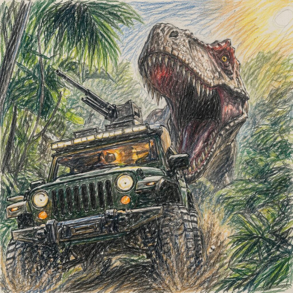 小学校六年生の男子が色鉛筆で描いた、ジャングルの中を走るジープと巨大な恐竜の迫力あるシーン。車は泥を跳ね上げながら進み、後ろから大きな口を開けた恐竜が迫っている。周囲にはヤシの木や草木が描かれ、スピード感と緊張感のあるタッチで表現されている。
