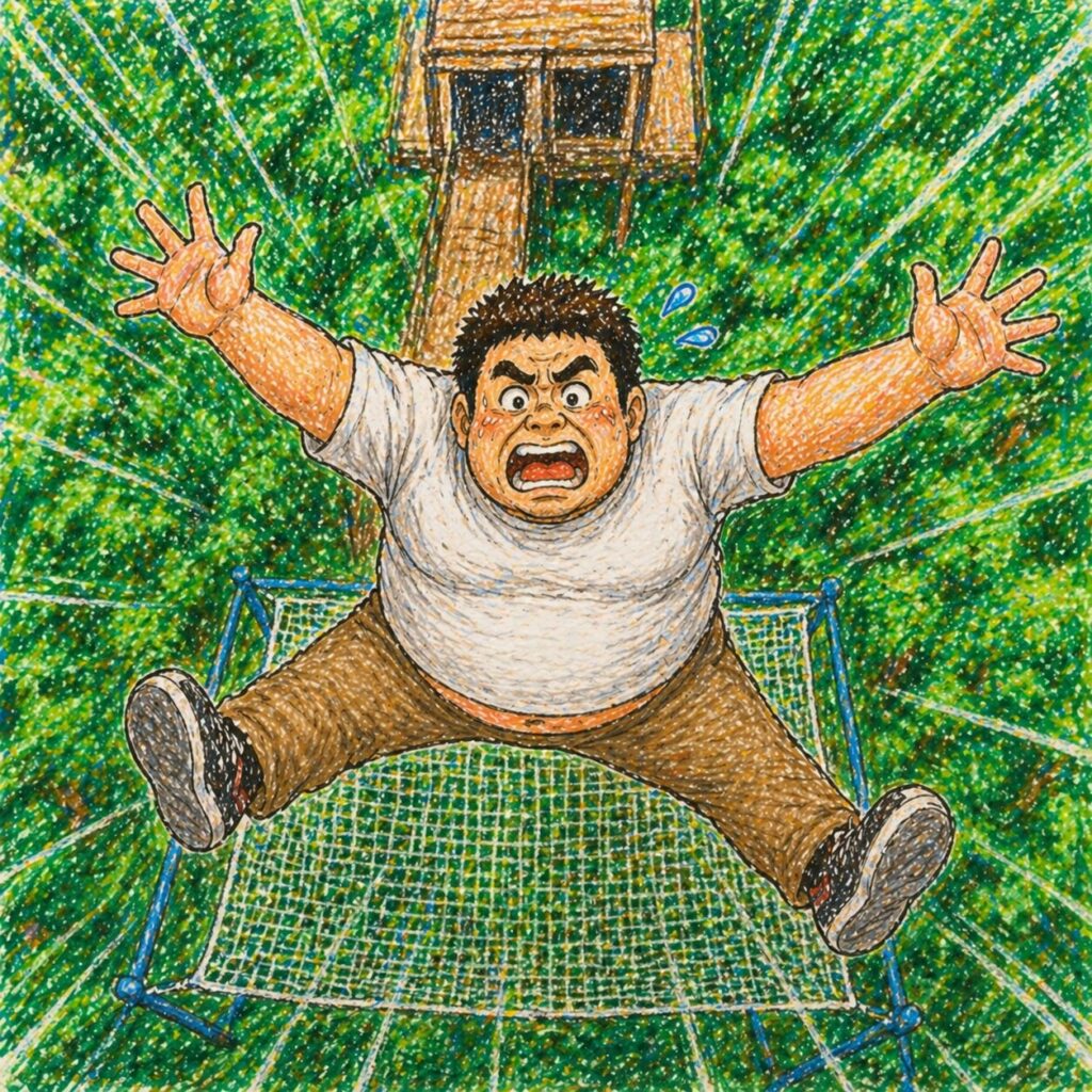 小学校高学年の子どもがクレヨンで描いたようなタッチで、上から見下ろす視点で男性が空中からネットに向かって落ちていく様子を描いたイラスト。両手両足を広げて驚いた表情をしており、下には安全用のネットが広がっている。周囲には緑の森が描かれ、スピード感のある表現になっている。