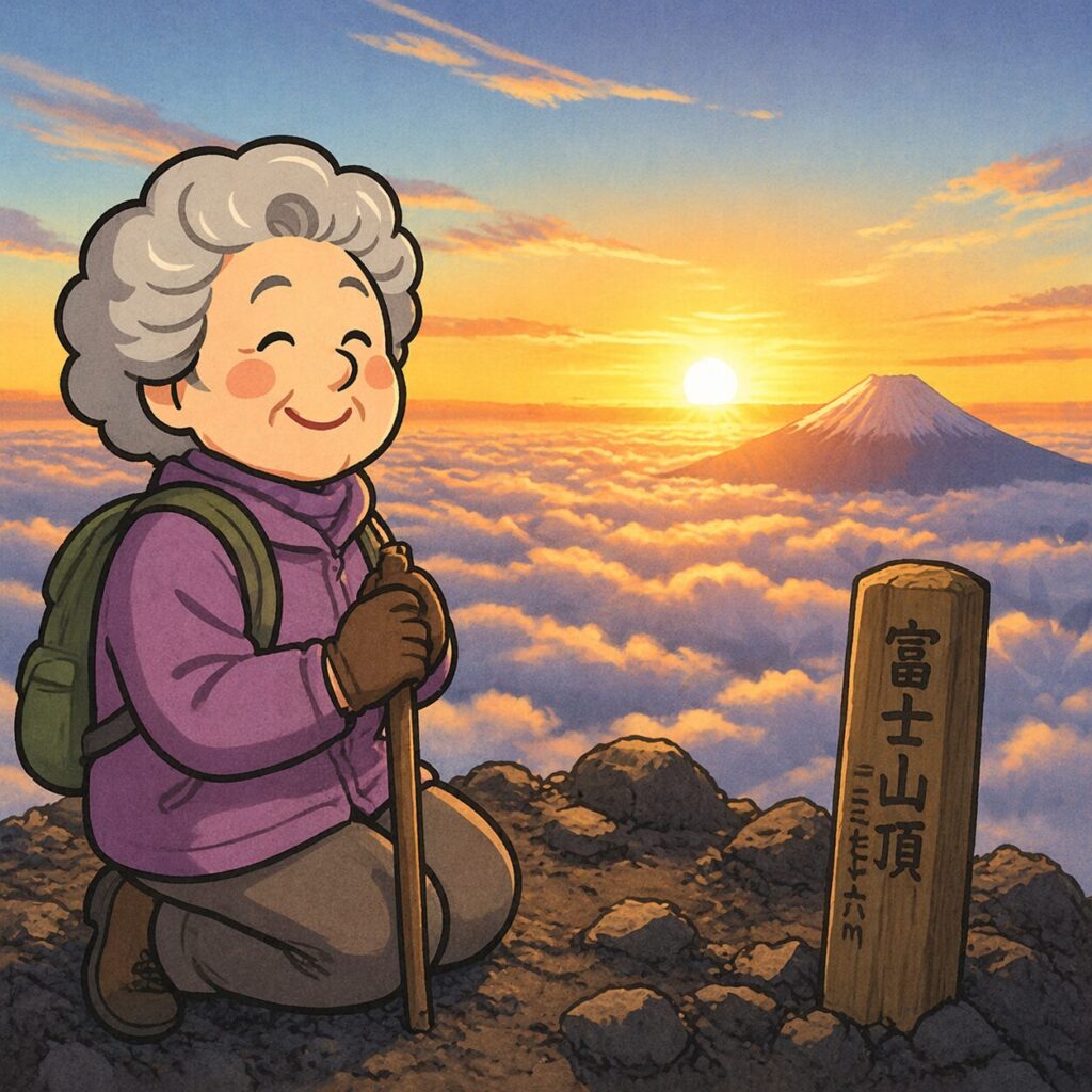 登山装備を身につけたおばあさんが富士山の頂上でご来光を見ながら微笑み、雲海の上に広がる朝日と富士山の景色を楽しんでいる様子