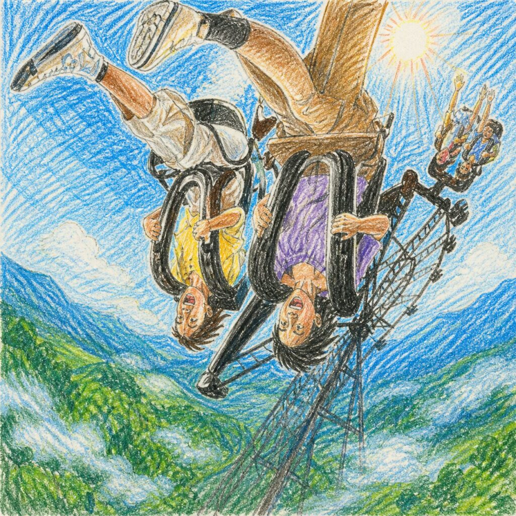 小学校六年生が色鉛筆で描いた、アトラクションで逆さまになりながら空中を進む様子のイラスト。2人の人物が安全バーに固定され、足を上にして叫びながら楽しんでいる。背景には青空や山々、遠くの景色が広がり、スピード感と高さが伝わる構図になっている