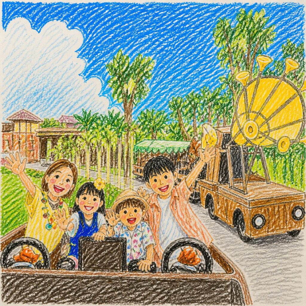 小学校低学年の子どもが色鉛筆で描いたようなタッチで、家族が乗り物に乗って笑顔で手を振っている様子を描いたイラスト。背景には青空やヤシの木、建物、後ろには特徴的な装置が付いたトラムが描かれており、南国の明るく楽しい雰囲気が表現されている。