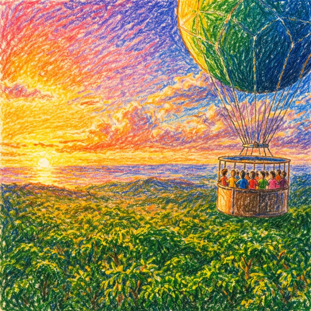 クレヨンで描かれた夕焼けの空に浮かぶ気球のイラスト。オレンジや赤、紫に染まる空の下に広がる緑の森と遠くの海を背景に、乗客が乗ったバルーンがゆっくりと浮かんでいる様子が表現されている。