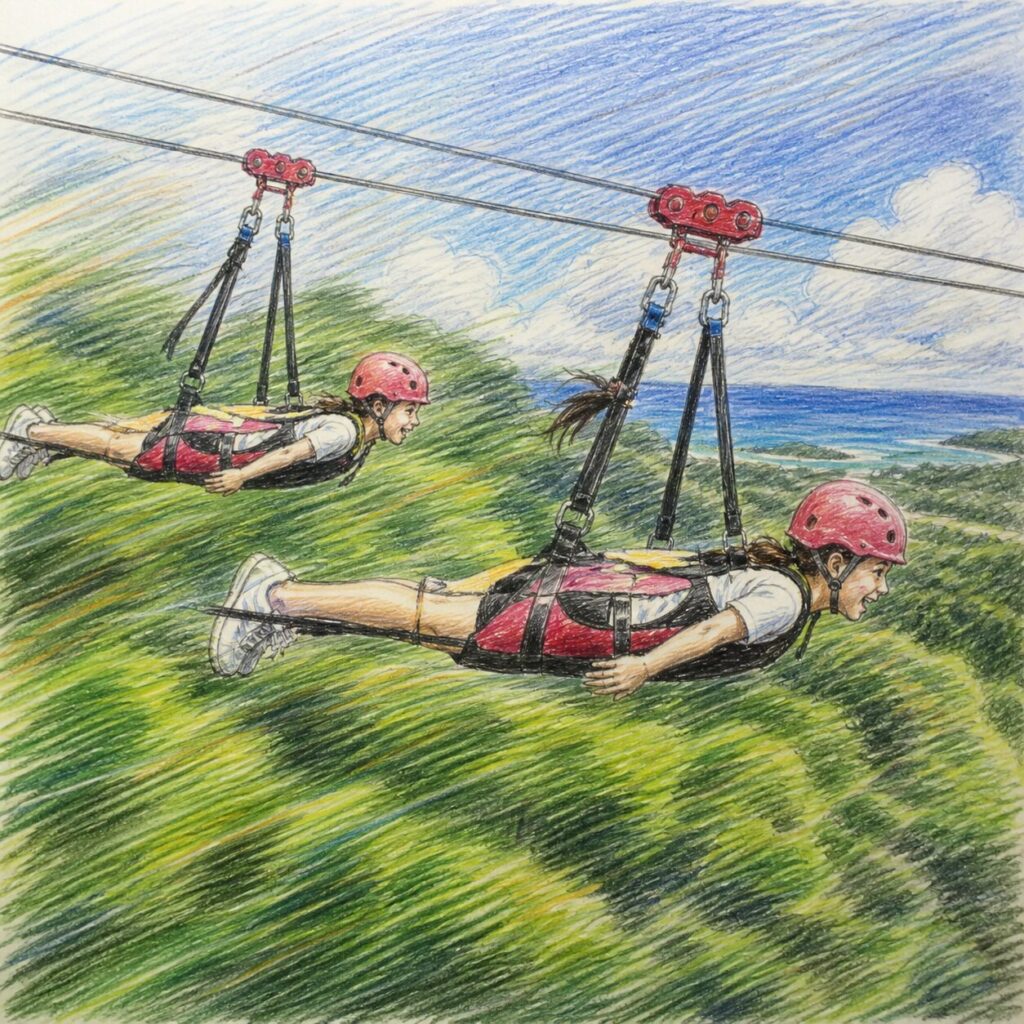 小学校高学年の子どもが色鉛筆で描いたようなタッチで、2人がスカイフェニックスで空中を滑走している様子を描いたイラスト。体を前に伸ばして飛ぶような姿勢で進み、下には緑の森や遠くの海が広がっている。線の流れでスピード感が強調されている。