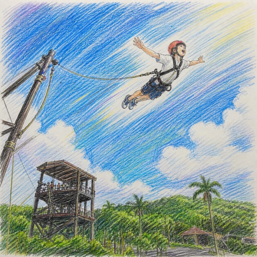 小学校高学年の子どもが色鉛筆で描いたようなタッチで、ヒューマンアローのアトラクションで空中に勢いよく放たれる様子を描いたイラスト。人物が約40度の角度で前方に飛び出し、両腕を広げて空を飛んでいる。背景には青空や雲、ヤシの木や展望台が描かれ、スピード感のある表現になっている。