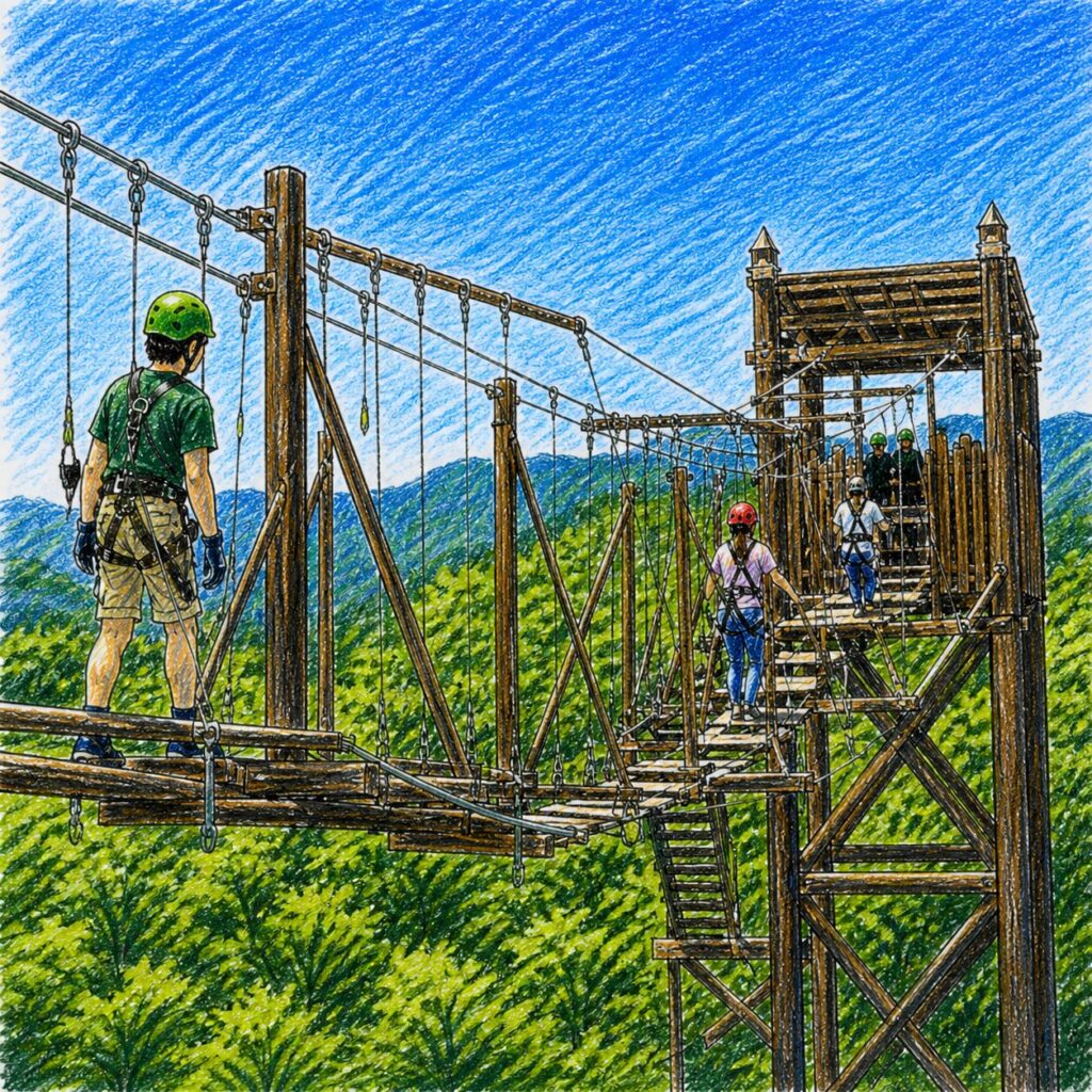 色鉛筆で描かれた高所アスレチックのイラスト。木製の足場やロープ橋が森の上に組まれており、ヘルメットと安全装備をつけた人たちが慎重に進んでいる様子が描かれている。背景には青空と広がる緑の山々があり、高さとスリルが伝わる構図になっている。