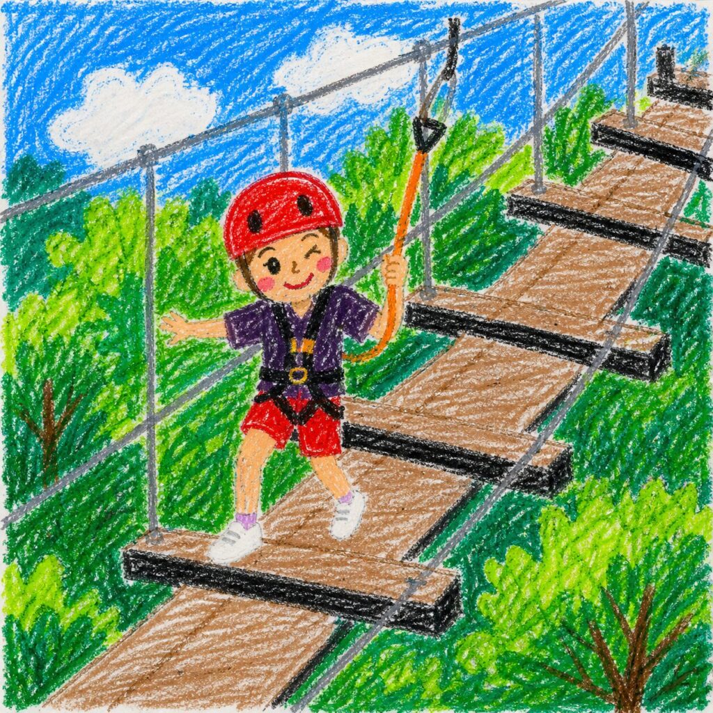 小学校低学年の女の子がクレヨンで描いたようなタッチで、高い場所にあるロープ橋を渡るアスレチックの様子を描いたイラスト。ヘルメットと安全装備をつけた人物が笑顔でバランスを取りながら進み、周囲には緑の森と青空が広がっている。