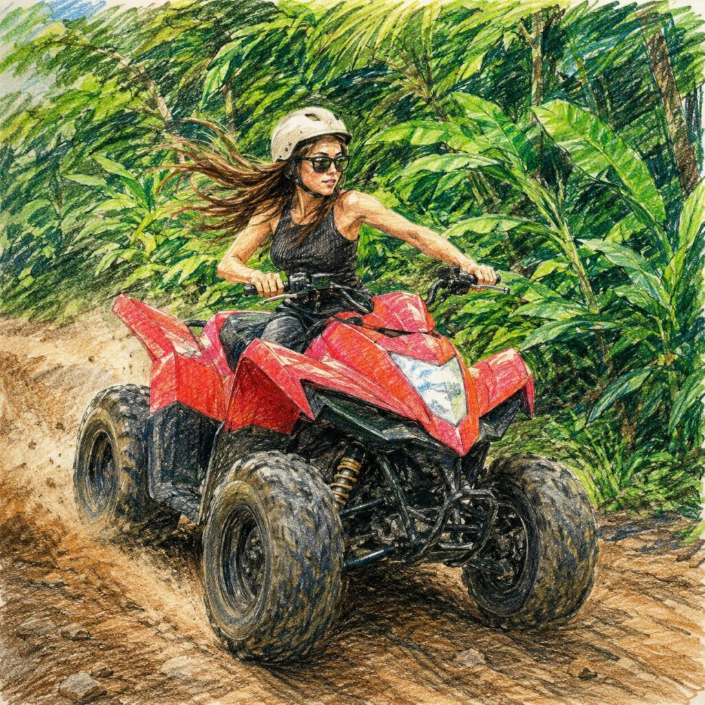 色鉛筆で描かれたジャングルの中を走るバギーのイラスト。サングラスをかけた長い髪の女性が風を受けながらバギーを運転しており、土の道を力強く進む様子がスピード感たっぷりに表現されている。周囲には緑豊かな植物が広がっている。