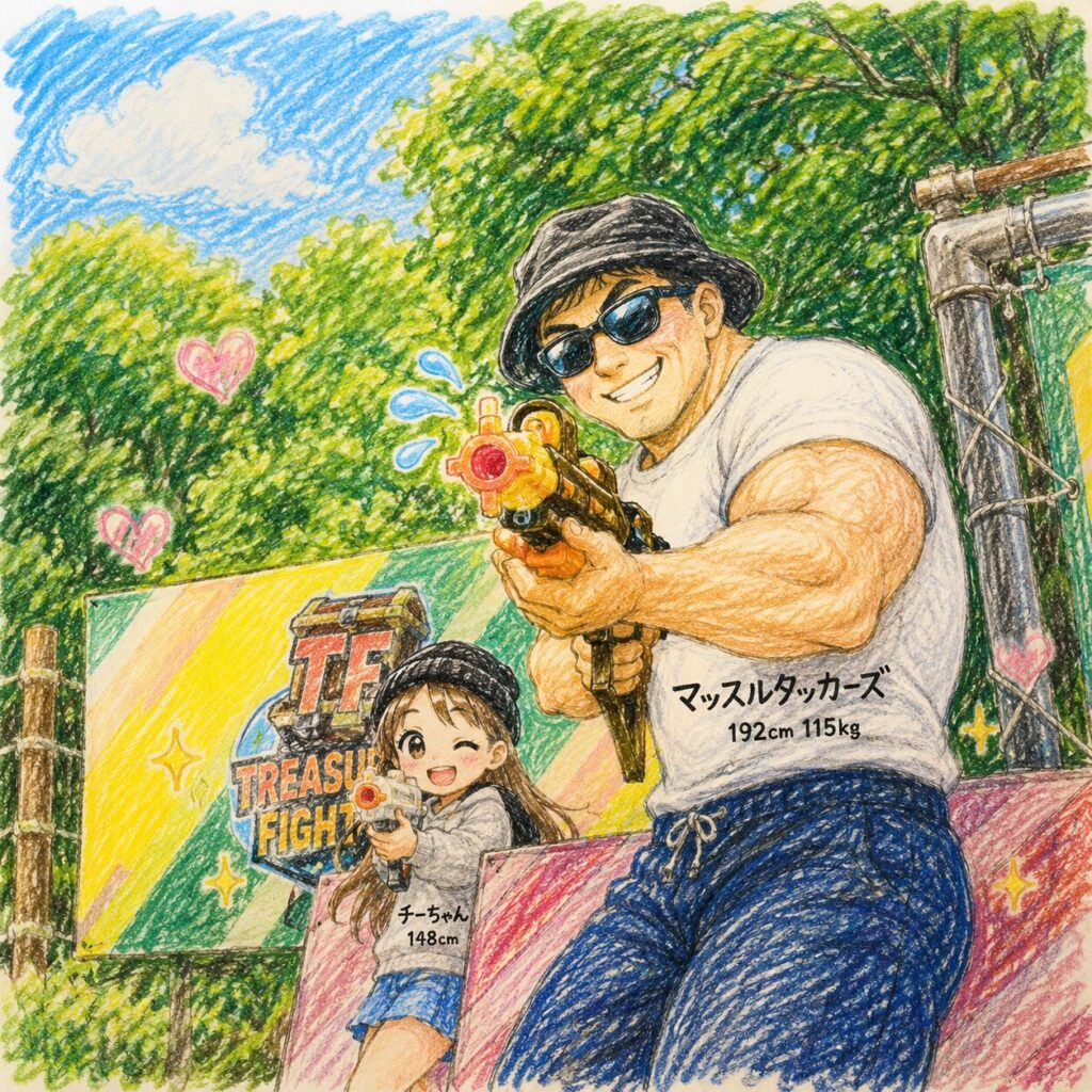 色鉛筆で描かれたジャングル風のアトラクションエリアで、大柄な男性と小柄な女の子風キャラクターが水鉄砲のような銃を構えて遊んでいるイラスト。背景にはTREASURE FIGHTの看板があり、青空や緑の木々、ハートやキラキラの装飾が描かれた明るく楽しい雰囲気になっている。