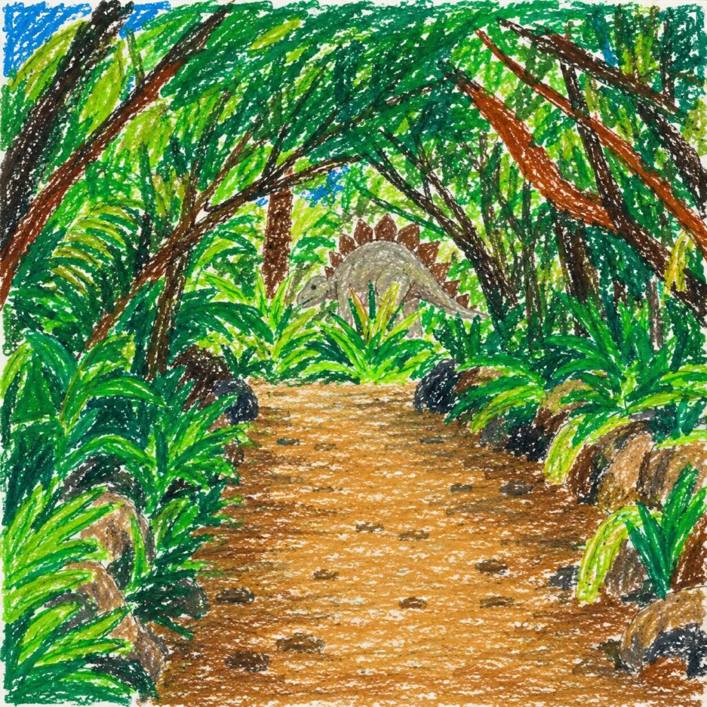 小学3年生の男の子がクレヨンで描いたようなジャングルのイラスト。緑いっぱいの森の中に続く道が描かれており、奥の木々の間にはステゴザウルスがひっそりと姿を見せている。太いクレヨンの線と明るい色使いで、探検気分あふれる雰囲気になっている。