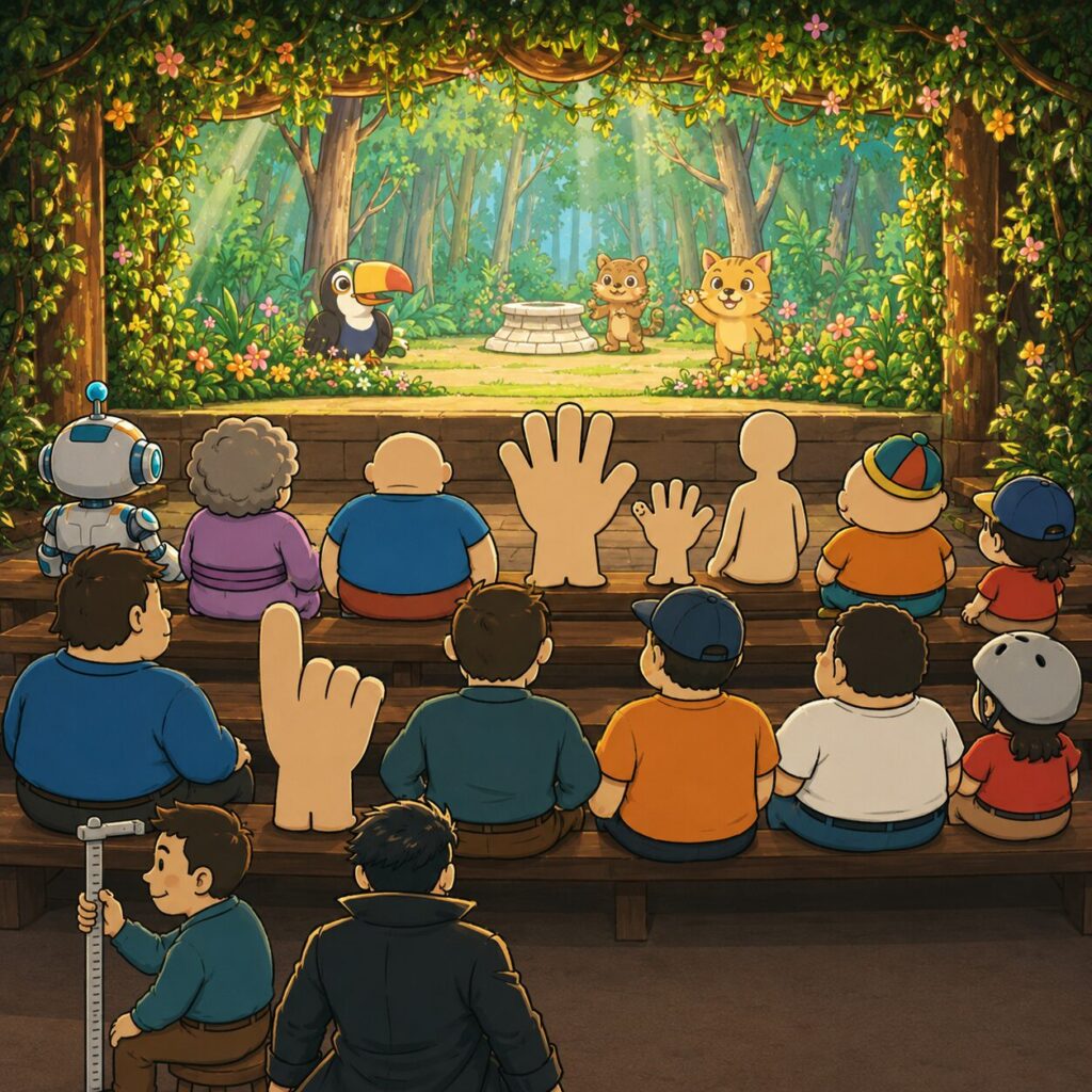 ジャングル風のステージショー「やんばるフレンズ」を、オーバーサイズ俱楽部の個性的なメンバーたちが観覧しているイラスト。ロボット風キャラクターや高身長キャラクター、大柄なキャラクター、小柄なキャラクターなどが木のベンチに座り、森の中のかわいい動物ショーを楽しそうに見ている。全体はやさしいアニメ風タッチで描かれている。