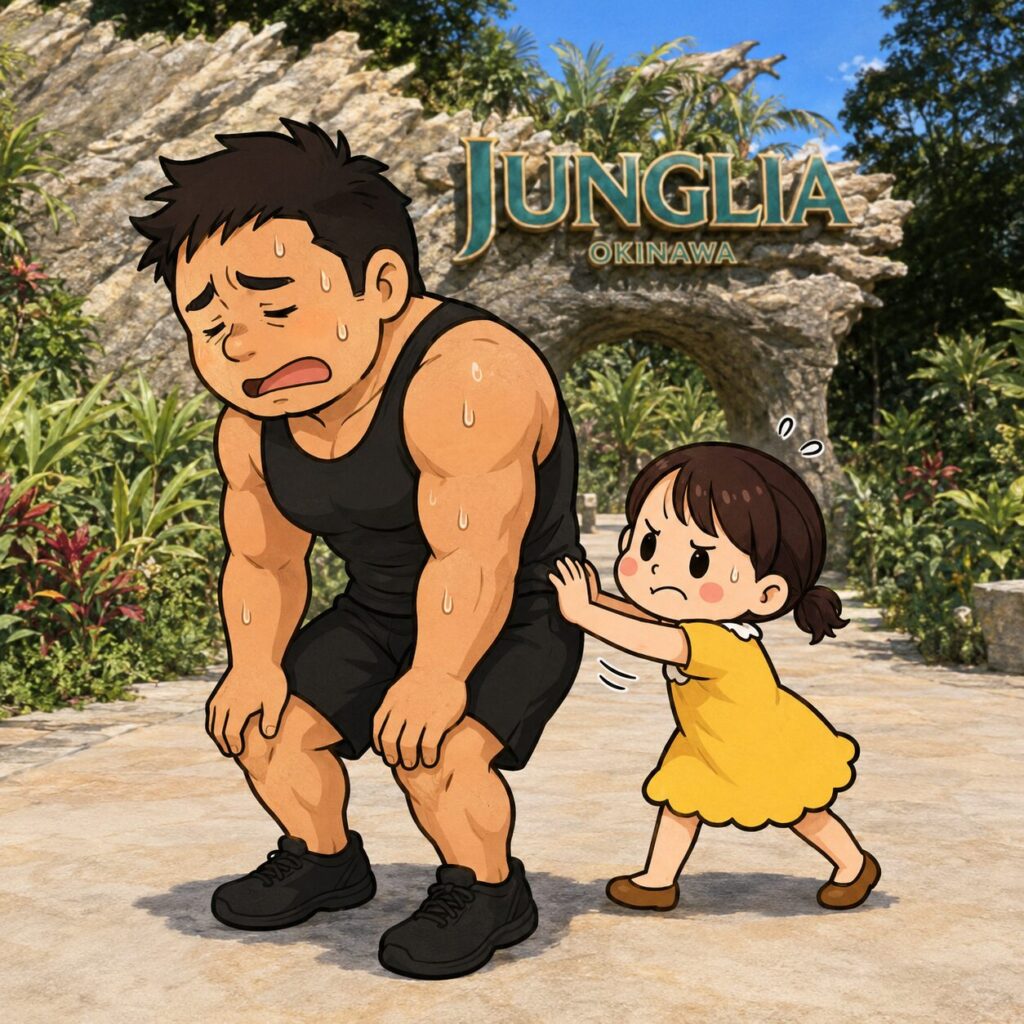 ジャングリア沖縄の入口ゲート前で、1日遊び疲れてヘトヘトになったマッチョな高身長男性を、小柄なチーちゃんが一生懸命お尻を押して励ましているコミカルなイラスト。男性は大量の汗をかきながら前かがみになり、チーちゃんは真剣な表情で両手を使って押している。背景には南国植物と「JUNGLIA OKINAWA」のゲートが広がっている。