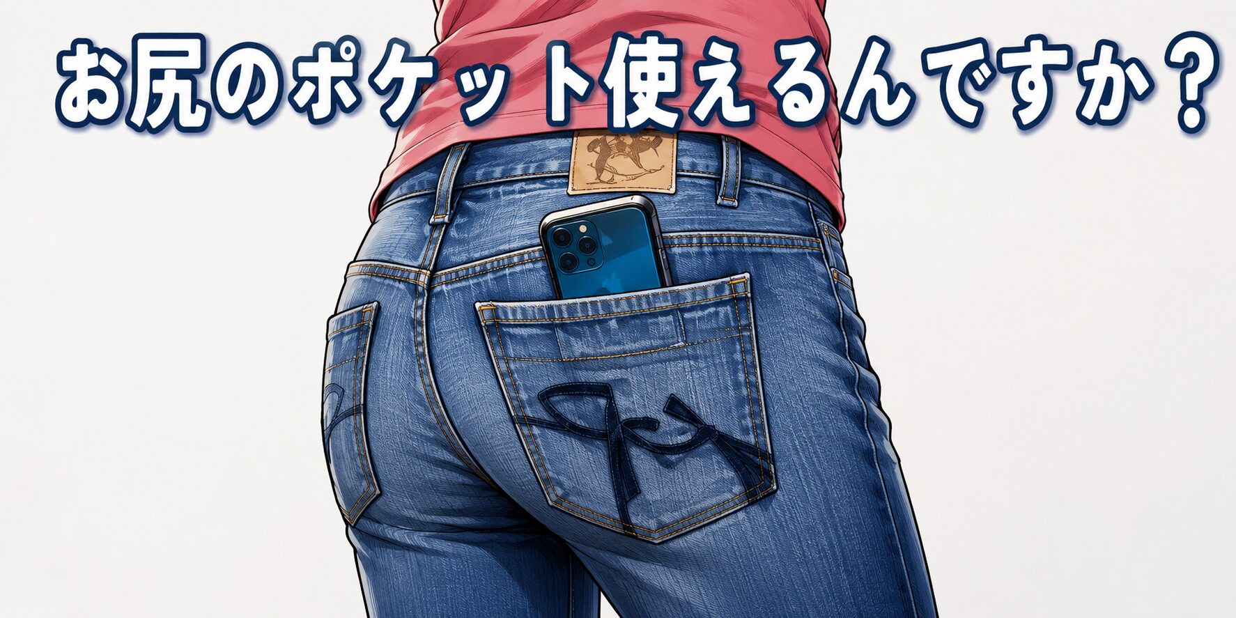ジーンズのお尻のポケットにスマートフォンを入れている後ろ姿をコミカルに描いたイラスト。上には「お尻のポケット使えるんですか？」という大きな文字が描かれている。