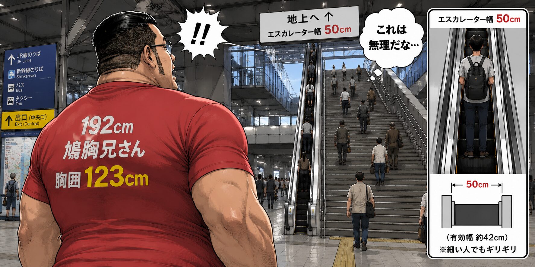 大きな駅の構内で、身長192cm・胸囲123cmの鳩胸兄さんが、幅50cmしかない細すぎるエスカレーターを遠くから見つけて驚いているコミカルなイラスト。エスカレーターには細身の人がギリギリ乗っており、周囲の少し体格の良い人たちは隣の階段を使っている。