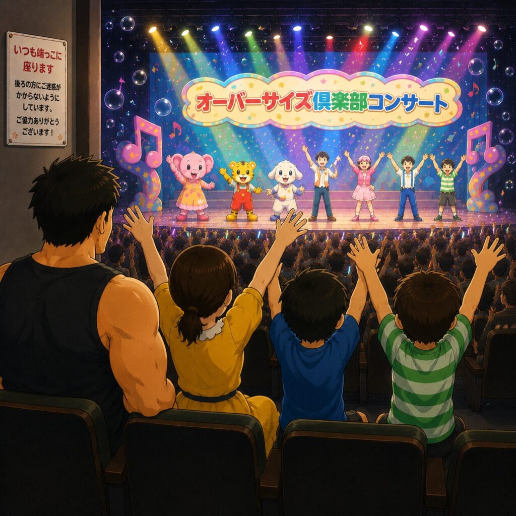 「オーバーサイズ俱楽部コンサート」を客席の後ろ側から見たイラスト。身長192cmの大きなお父さんが、後ろの席の人に迷惑がかからないように家族4人で会場の一番端の席に座り、奥さんのチーちゃんと小学3年生・小学1年生の息子たちが、舞台のお兄さんお姉さん達と同じように両手を上げて大盛り上がりしている。舞台にはカラフルな照明やキャラクター達が並び、会場全体が楽しい雰囲気に包まれている。