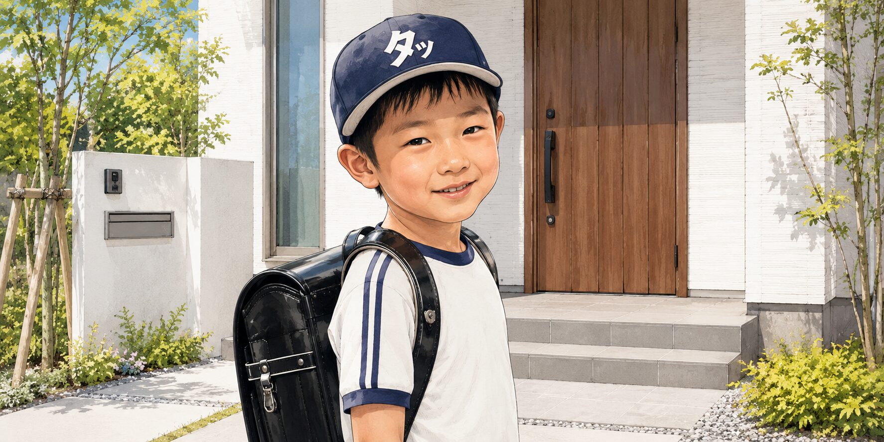 新築の家の前で、野球帽をかぶった小学1年生のタッカーズ少年が、少し斜めを向きながら記念写真のように立っているイラスト。帽子には「タッ」のマークが入り、耳と鼻の高さが分かる角度で描かれている。ランドセル姿と優しい笑顔が印象的。